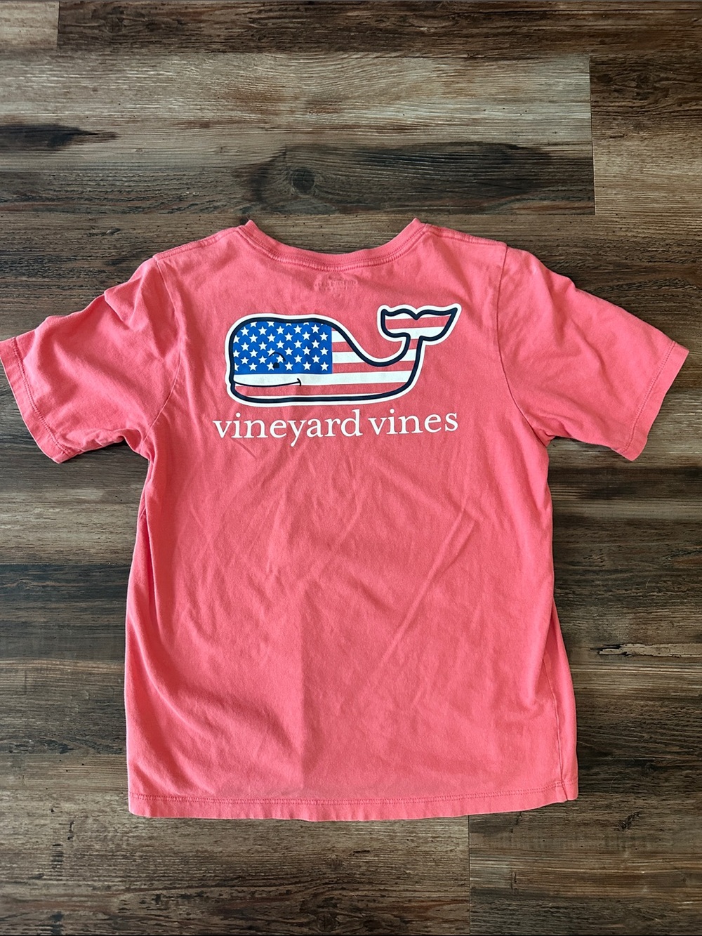 Vineyard Vines Kids Coral Short Sleeve Tee with American Flag Whale